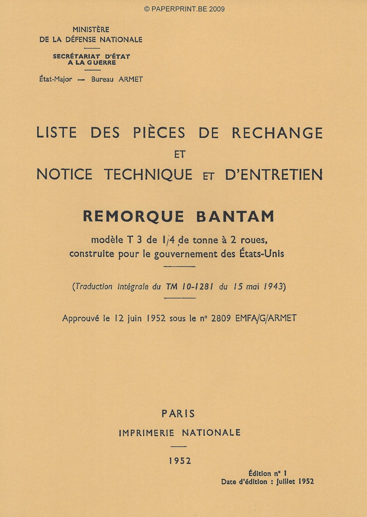 TM 10-1281 FR REMORQUE BANTAM MODEL T3 DE ¼ DE TONNE A 2 ROUES